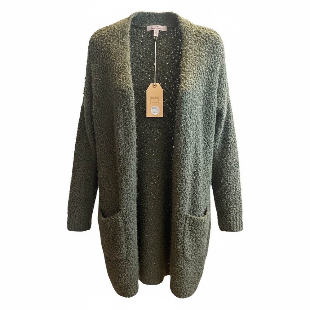 Love Tree Olive Green Bouclé Open Cardigan with Pockets